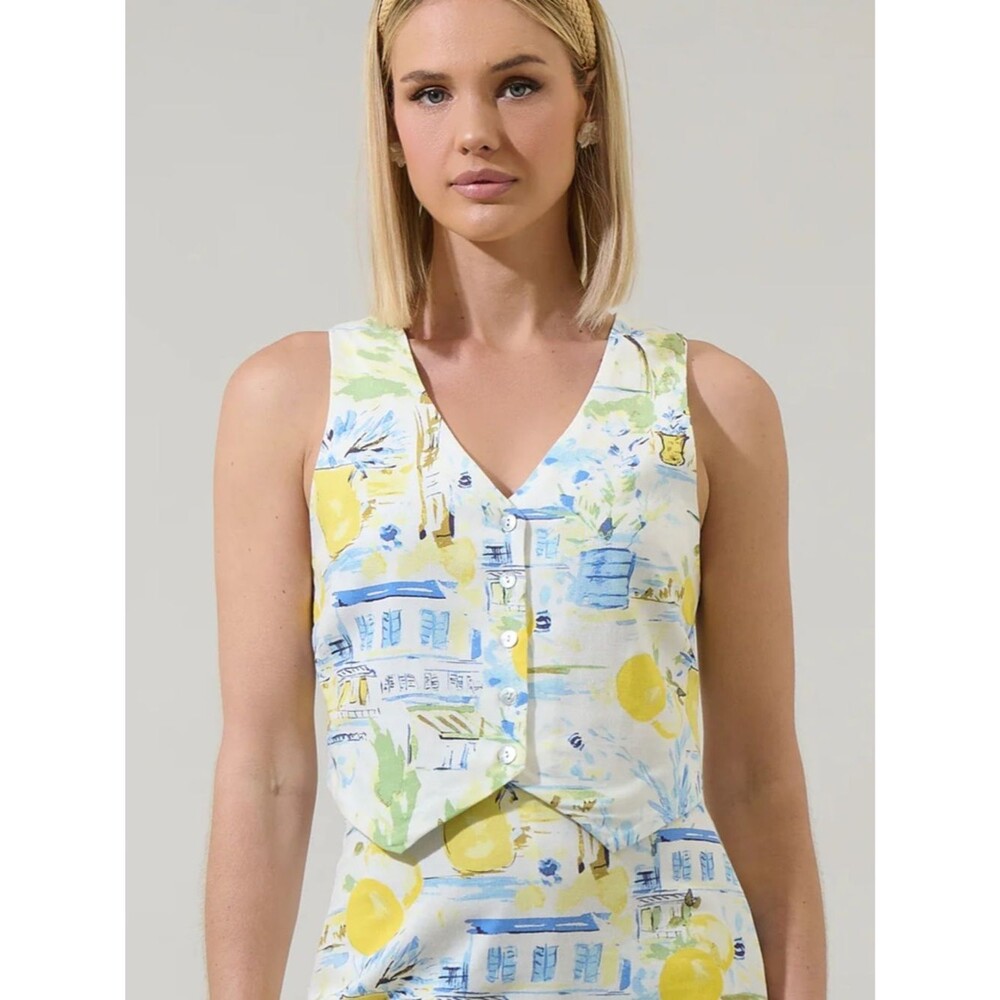 NWT Sugarlips Women's summer White Multi-Color Printed V-Neck Vest sz M